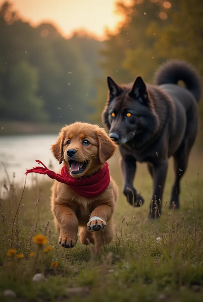 A now-recovered brown puppy, still wearing its red scarf, bursts through the grass, barking fiercely at the black wolf. Its deep brown eyes burn with determination, and its injured paw is now wrapped in a bandage but strong. The wolf pauses, taken aback, b...