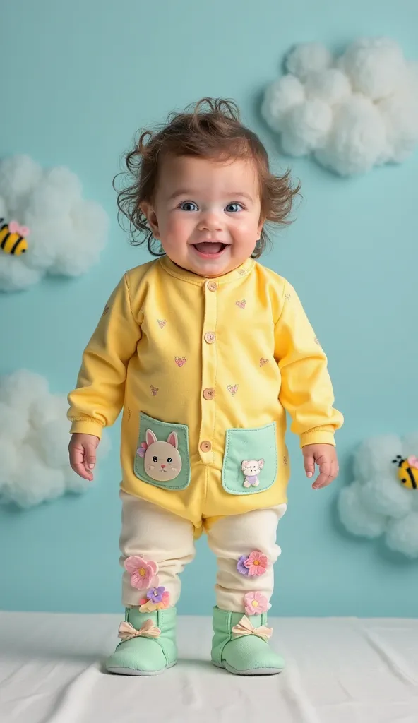 “Professional studio photo of an absolutely adorable chubby baby with bright blue eyes and rosy cheeks,   standing against a soft pastel blue background filled with fluffy clouds and soft sunbeams.  The baby is dressed in an irresistibly cute outfit with c...