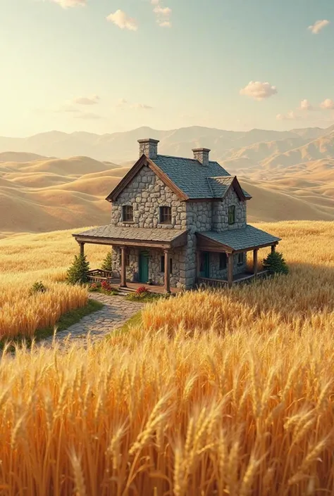 Realistic little house stone in the hill and a field of Wheat