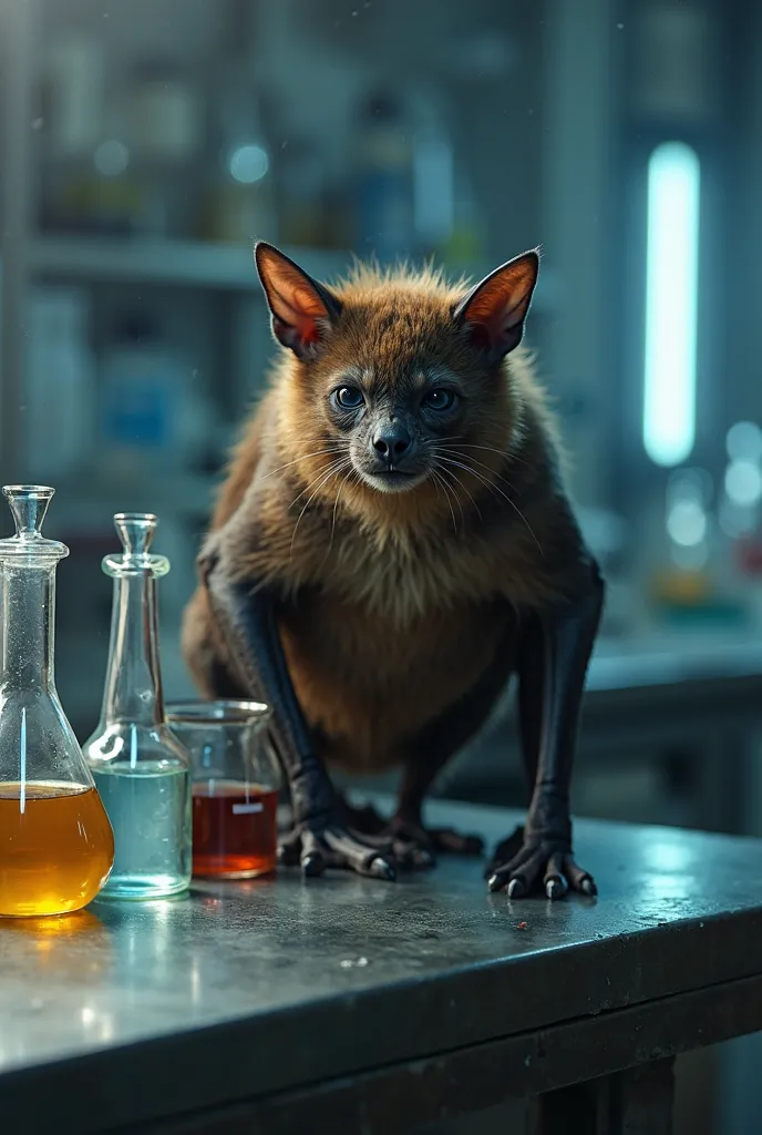 "A dark brown fur bat with partially extended wings is perched on a metal table in a laboratory Of research. Its expression is curious and slightly threatening, with small visible fangs. On the table there are glass bottles with colored liquids, test tubes...