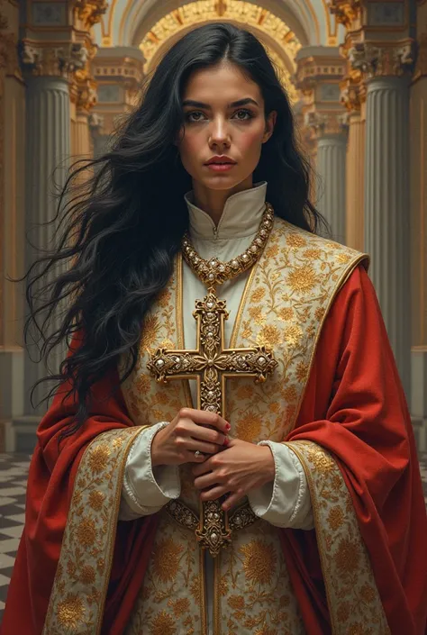 Woman as pope,  with black hair  