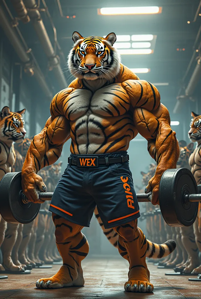 strong tiger training at gym with dumbbell and gym costume around him other animals also train 