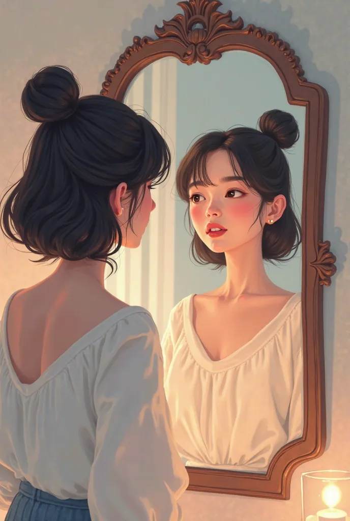 animated illustration of an adult girl looking in the mirror