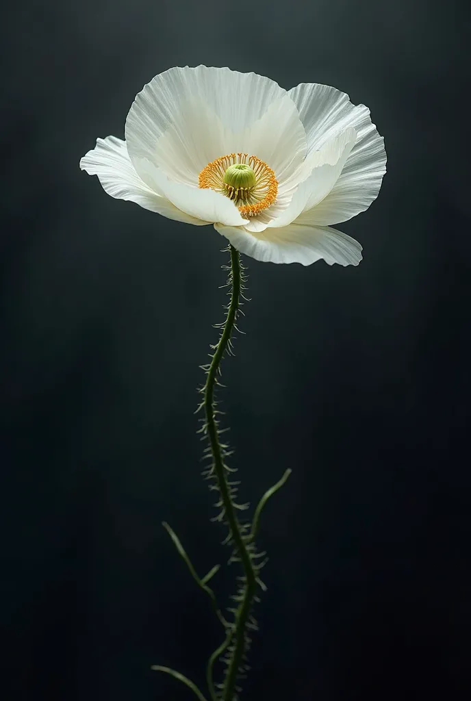 A white poppy flower on a dark background. Very detailed and realistic. The whole flower has to be in it, with the string and everything, so there is space left on all sides.
