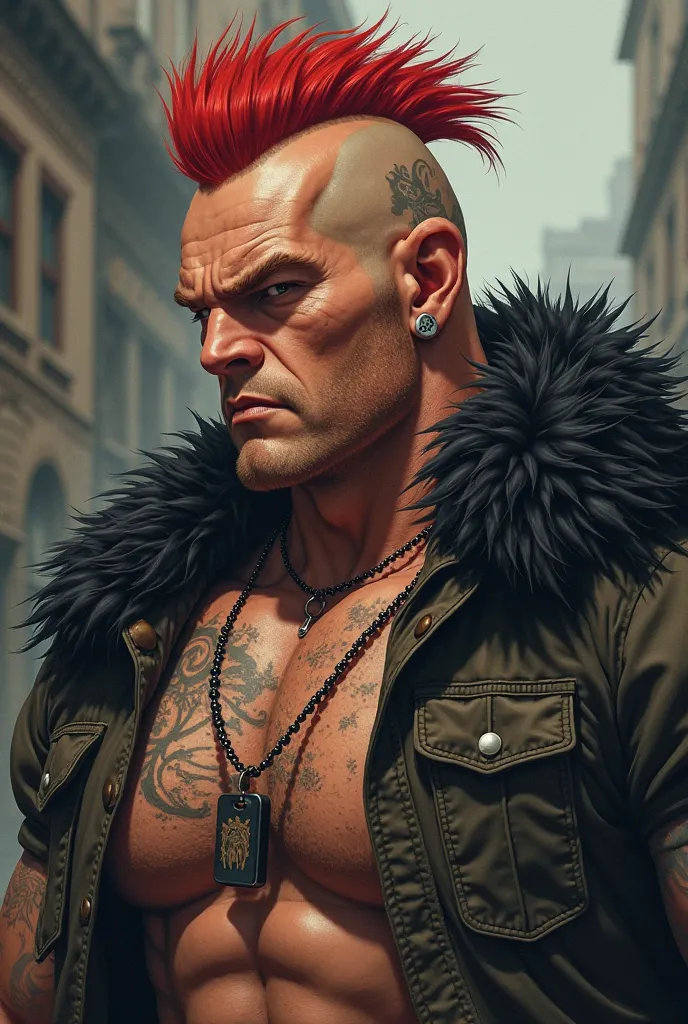  Highest quality, textured skin, Skinhead Man,Hahaha,Red Mohawk Trimming, Muscular thick body,jacket with black leather fur on bare skin,earrings,Intimidating, blank stare, goblins, anime,Dog Tags,tattoo