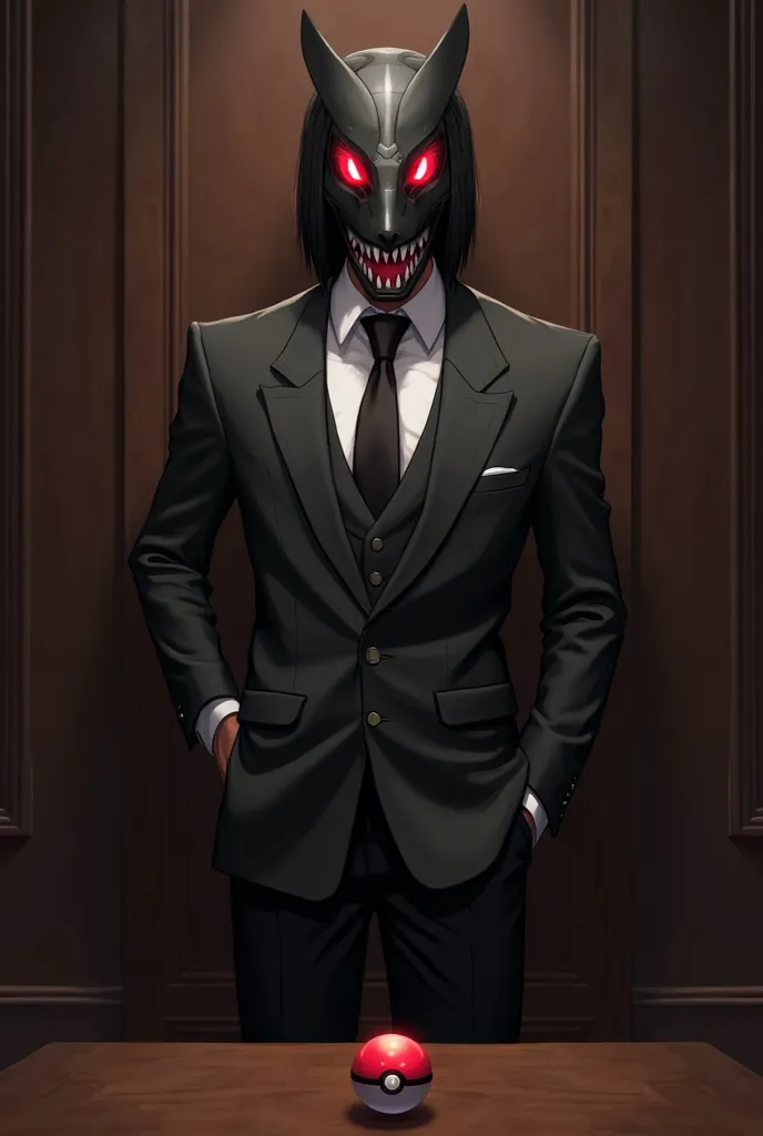 a tall, thin man, dressed in a formal black suit, with a Mega Houndoom mask on his face. The mask is black and metallic,  with bright red eyes and sharp teeth . The man has straight black hair, and a serious and intense expression. He is standing in a dark...