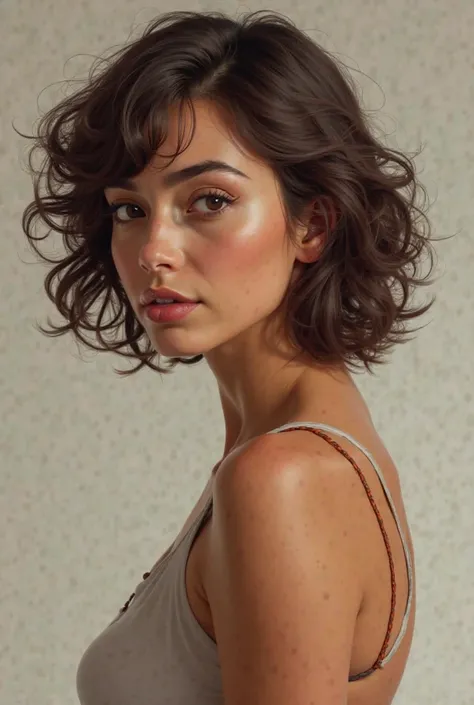 Short brunette woman with curly hair with a full body