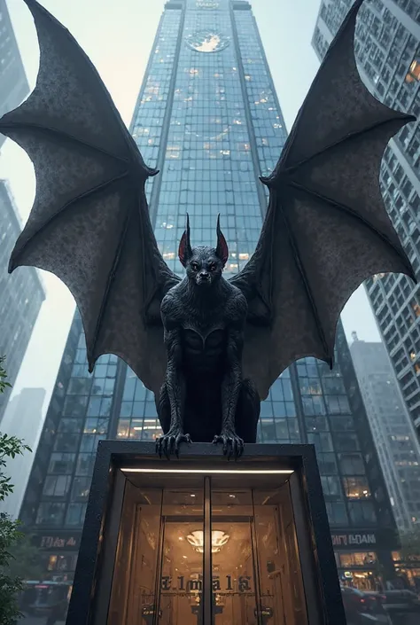 A bat stands at the headquarters of a company that says ELMALIA 