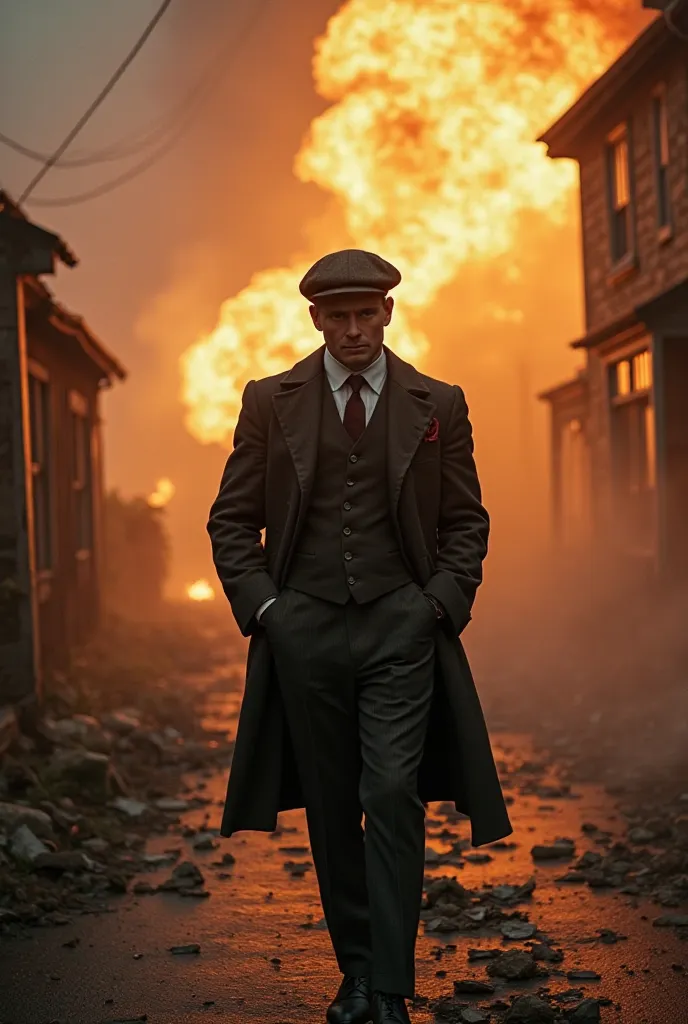 	A dramatic cinematic shot of Thomas Shelby from Peaky Blinders striding confidently in a 1920s street, dressed in a classic three-piece suit and flat cap. Behind him, a massive explosion engulfs an old house, flames and debris illuminating the smoky air. ...