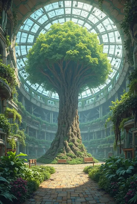 A huge round-shaped store with a greenhouse with a huge tree shown from top to bottom 
RPG style 