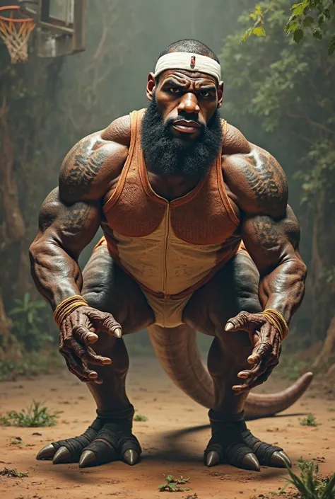 A muscular T-Rex with the head of LeBron James. The player has a headband, well-defined beard and a determined expression. The T-Rex's body is strong and robust,  with detailed scales and an imposing posture . The background shows a prehistoric basketball ...