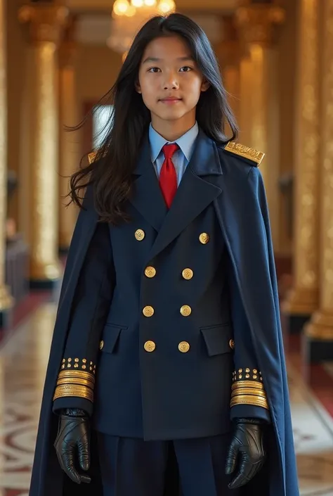 Live Action Tall Asian Tween Boy With Long Flowing  Black Hair, Wearing a VERY Long Sleeved Double Breasted Dark Blue Police officer Suit With Gold trim And LONG Victorian Cape over a Light blue Dress shirt And Red tie, With Light blue Sleeve cuffs over hi...