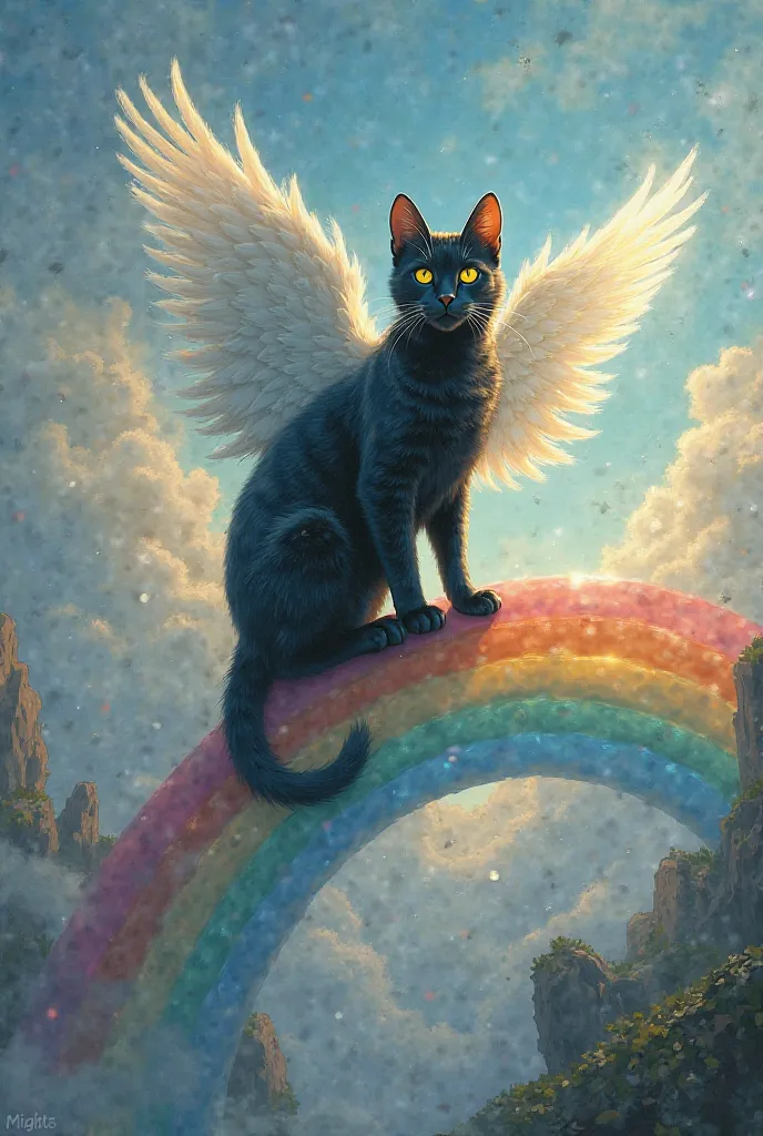 A black cat with pretty yellow eyes with angel wings walking on a rainbow 