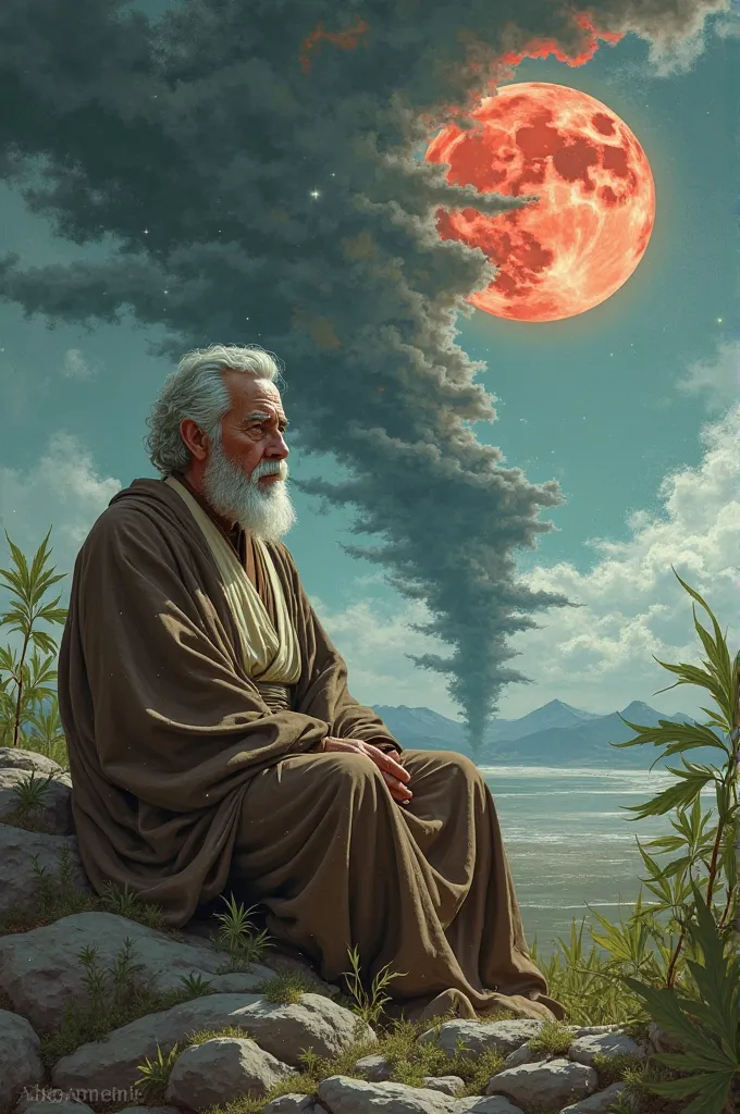 A Star Wars Jedi Grand Master in the style of Mark Demsteader smoking marijuana with a tornado in the background and a bloody moon pours hashish the god Neptune hands him marijuana buds, Now it's time in the Umami universe to unite with the force 