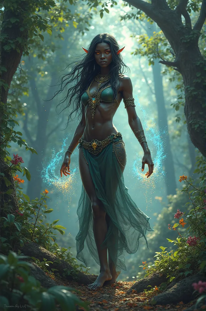 Create a female, scantily clad, dark-skinned elf who wields arcane magic in a magical forest. The scene calm and fascinating