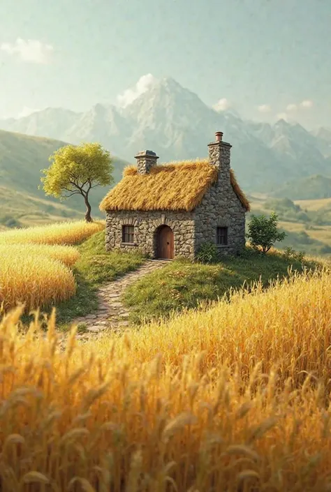 Realistic little house stone in the hill and a  green field of Wheat
