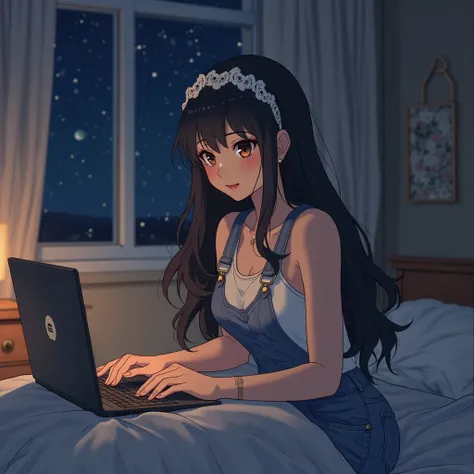 anime woman, long black hair, brown eyes, White tank top, overalls, white hairband, toned arms, indoors, at home, at night, sitting on bed, typing on laptop, cute anime, 