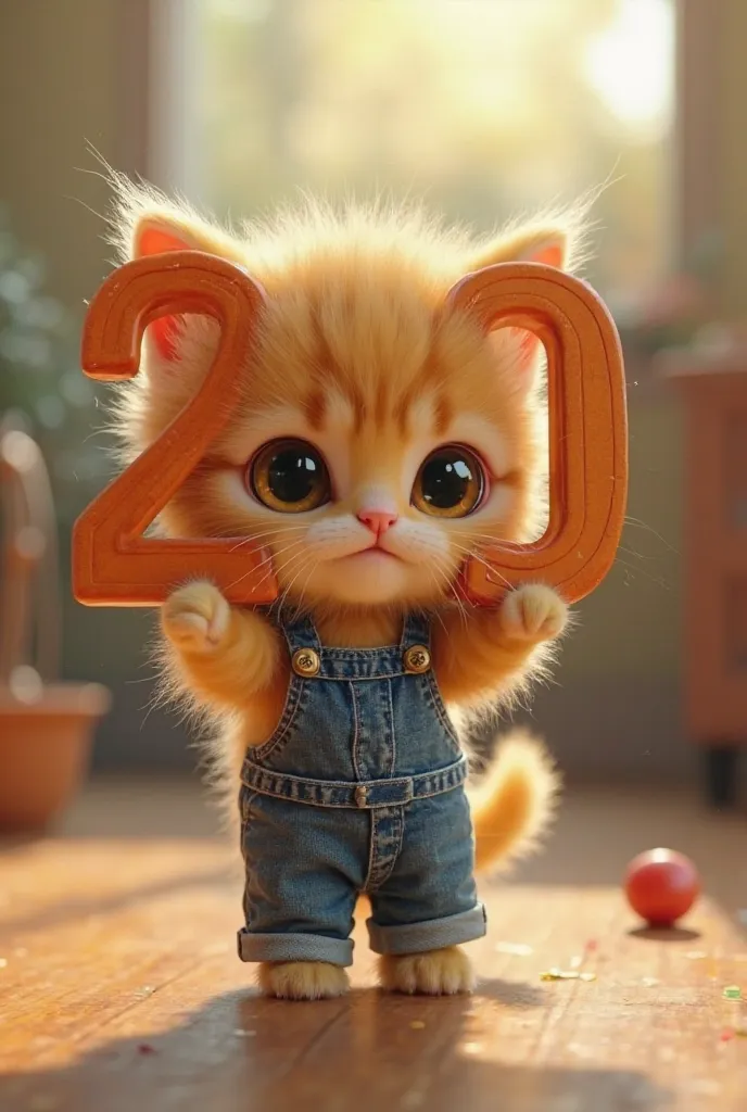 Create a cinematic image of a yellow kitten dressed in jeans lifting the number 200