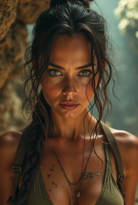 {{A cinematic depiction of Margot Robbie as Lara Croft}} with an intense and determined gaze. This is an epic and detailed image that captures the essence of adventure and mystery. The setting/background should evoke ancient tombs or exotic landscapes to c...