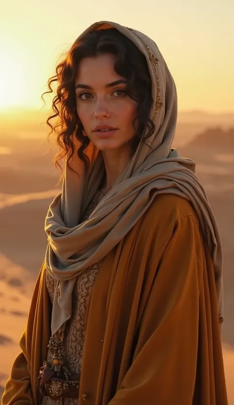 A highly detailed and realistic biblical portrait of Hoglah, one of the daughters of Zelophehad, standing alone and looking directly at the camera with a calm and wise expression. She wears a deep ochre-colored robe with subtle embroidery, reflecting the f...