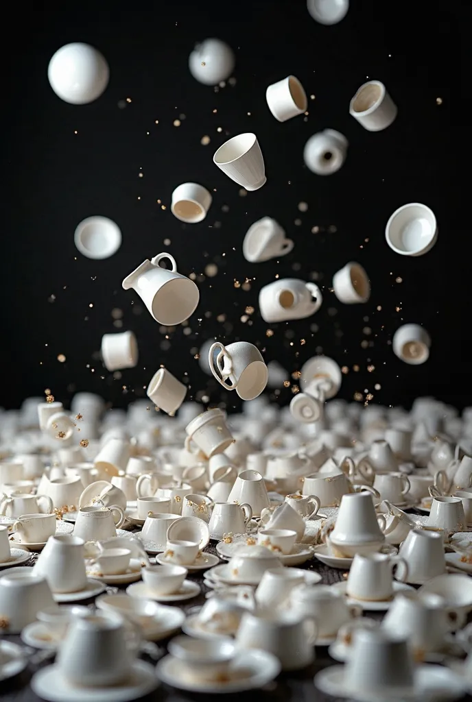 Black background with hundreds of small white  cups plates and bowls scattered randomly 