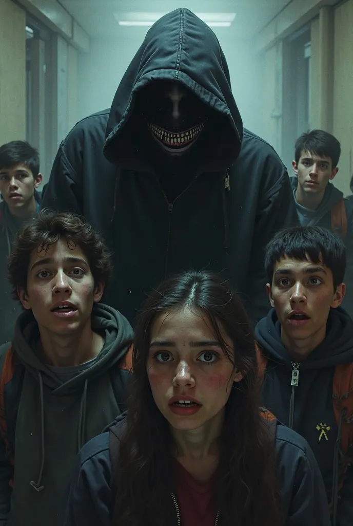 A man in the middle of the image with a hood covering his face but you can only see a dark smile, In the middle there is a group of 3 boys and 2 teenage college girls scared and confused 