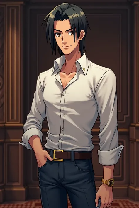 a tall, thin man, dressed in a white long-sleeved shirt and dark jeans.  He has straight black hair, style of a Pokémon trainer, and a serious and confident expression. His face is angular and elegant, with brown eyes that seem to calculate every move. He ...