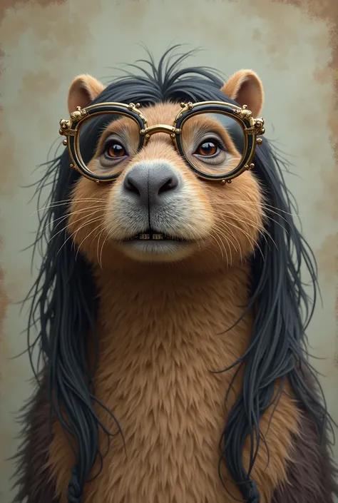 A capybara with lenses, brackects and long wavy black hair