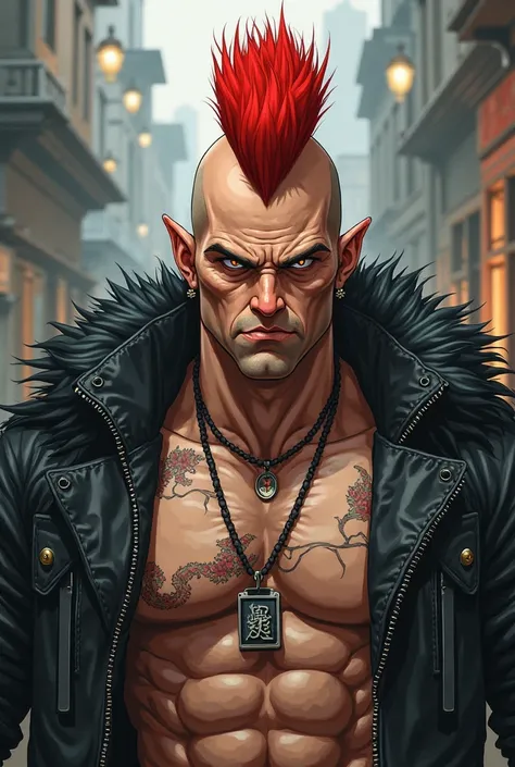  Highest quality, textured skin, Skinhead Man,Hahaha,Red Mohawk Trimming, Muscular thick body,jacket with black leather fur on bare skin,earrings,Intimidating, blank stare, goblins, anime,Dog Tags,tattoo,pointed ears