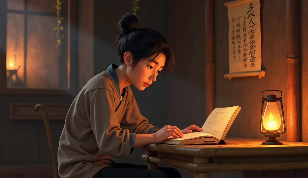 "A small, simple wooden house with dim candlelight. Inside, a young Vietnamese man around 20-25 years old with a slim but resilient physique is sitting at a bamboo table, deeply focused on reading a book. He has a round face, high cheekbones, bright eyes f...