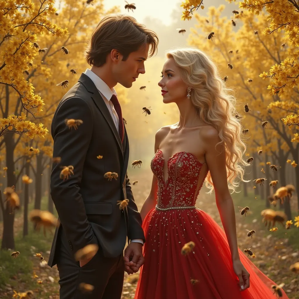 Blonde woman with blue eyes with a brown man with brown eyes. Red gala dress. Fou amoureux. Beaucoup d’abeilles autour. Sont entrain de marcher.  very realistic image  