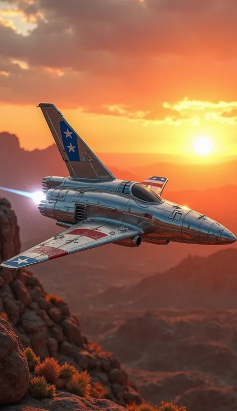 A futuristic alien spaceship inspired by American culture, hovering over a desert landscape at sunset. Its sleek, metallic body is shaped like a soaring eagle, with outstretched wings resembling fighter jets. The hull is adorned with stars and stripes patt...