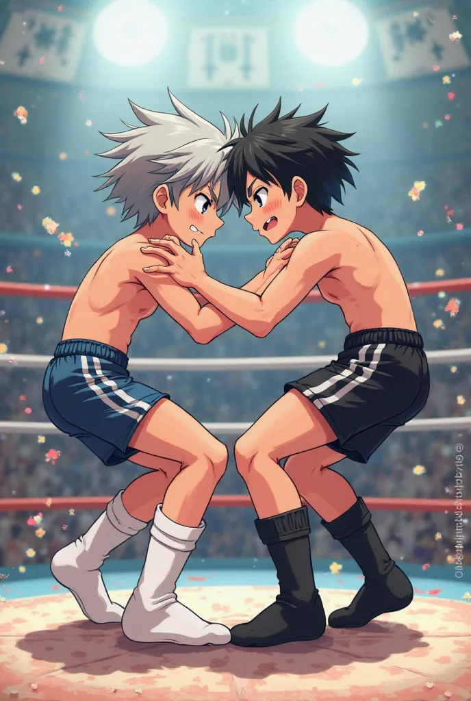 Two boys wrestling with socks not shoes anime in a ring. A boy with gray hair and white socks another with black hair and black socks
