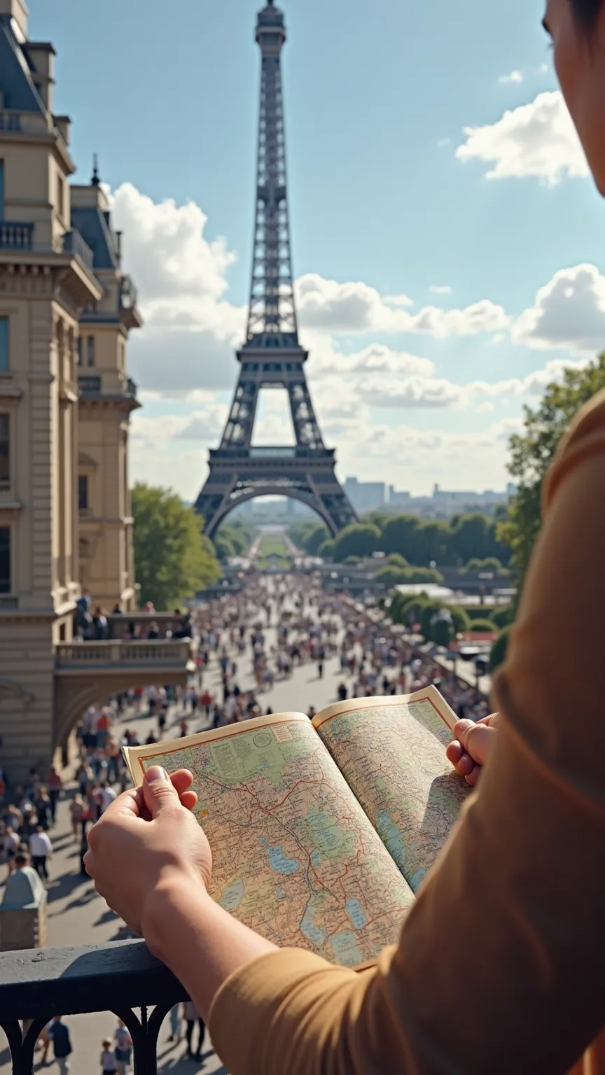 Hands holding a map while standing on a balcony overlooking the Eiffel Tower, with tourists moving around in the background.