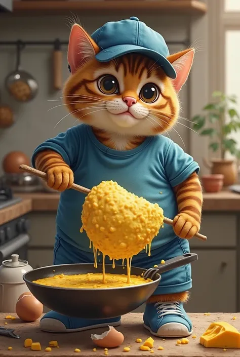 A chubby Bengal cat, wearing blue shorts, blue shirt, blue cap and blue sneakers, is in the kitchen preparing a large cheese omelet. It holds a spatula with one leg while the other supports the frying pan, skilfully turning the golden and melted omelet. Th...