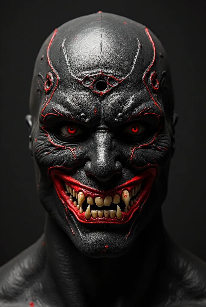  wrestling mask, Black with evil eyes, macabre smile with sharp teeth, with black magic symbols on the forehead and sides, with one eye in the center on the forehead, nose with two holes. The details in red 