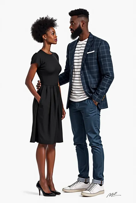 Draw for me Black couple meeting for the first time at work the lady is tall lightskinned and wearing a black dress with a short weave (black hair just above the her shoulders), the gentleman is tall, dark in complexion but not very dark with a beard, a fa...