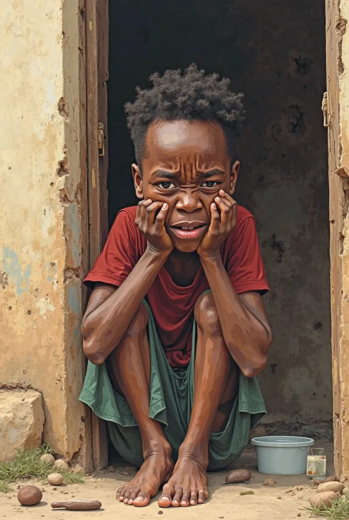 We are a volunteer organization for ren with poor eyesight around the world. We are mainly engaged in eye care activities for black ren suffering from malnutrition. Please draw a scene where a black  with an eye injury is in great pain and is struggling wi...