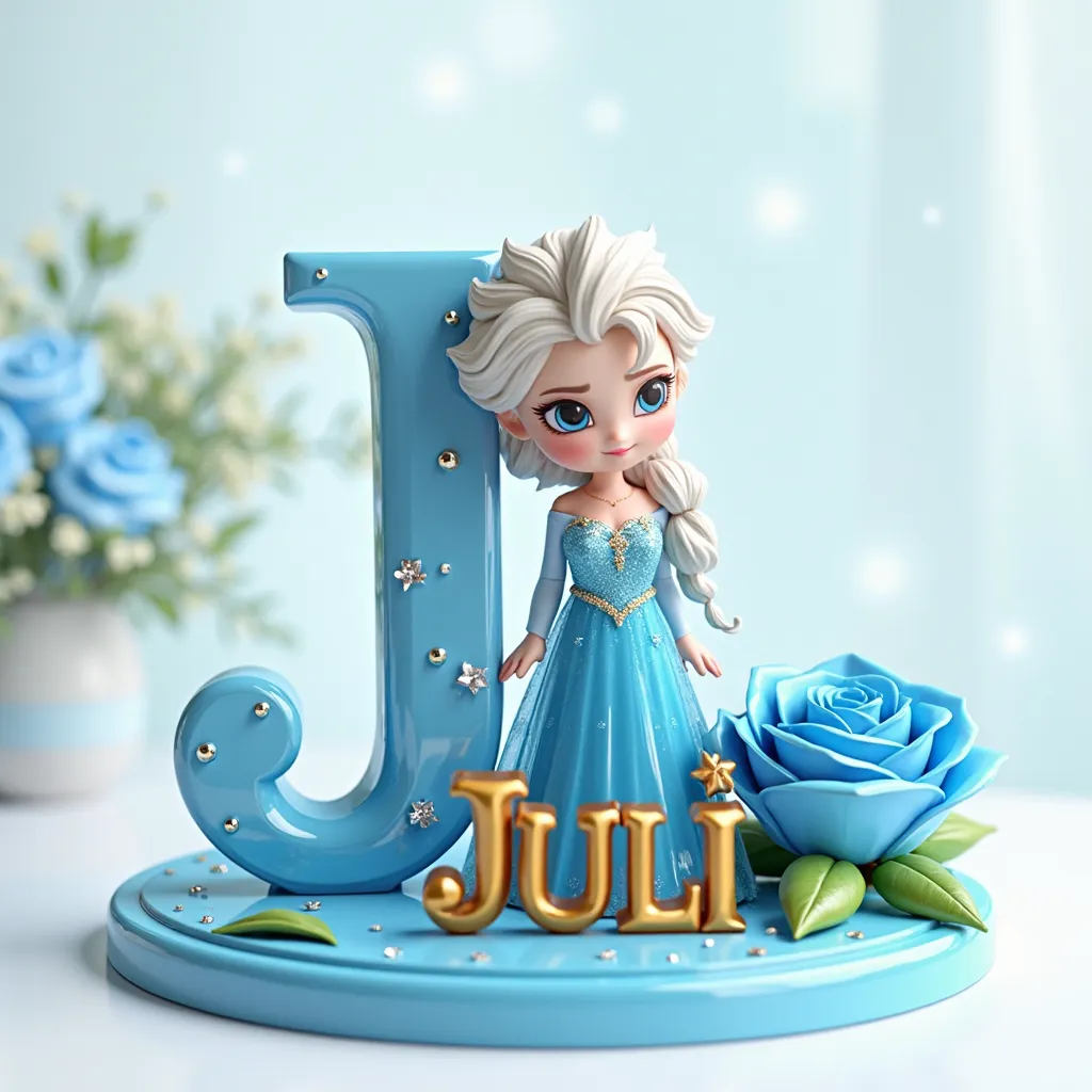 A 3D render of a realistic miniature Disney Princess Elsa from Frozen leaning on a large blue shiny gold letter "J". The letter "J" is decorated with a small shiny gemstone and stands on a circular base with a luxurious raised 3D name "JULI" in gold letter...