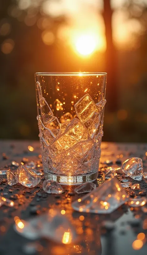 A broken glass reflecting the sunrise, symbolizing renewal.