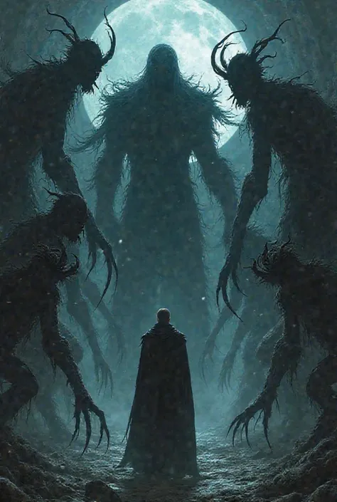 The shadows around the prince forming into tall, twisted humanoid figures with long, clawed arms, towering over the ground as they become more solid and menacing. Make it real and scary