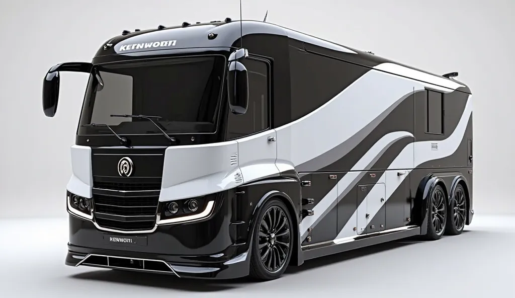 create an ultra-detailed 3D render, of a Modren  2025 Kenworth motorhome With  a bold design looking long  captured from centered ("front right side")  view  Teehe motorhome should feature a 'Gleamy (white and black )glossy shining  color with a (Kenworth)...