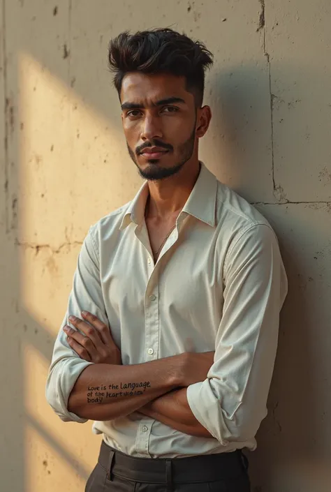 A 26-year-old Egyptian young man who is 170 cm tall wears semi-formal clothes with a tattoo on his hand that says love is the language of the heart and body 
