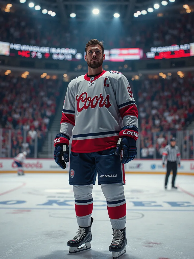 Professional Hockey player wearing a hockey uniform for Coors Beer in colors inside a small arena 