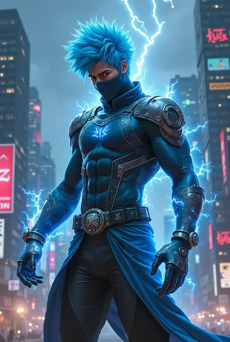 A techy muscular male ninja representing the Aquarius sign, wearing a neon blue and black costume made of shiny and futuristic material. He throws energized discs into the air, leaving a trail of pulsating blue electricity with shoulder pads,   showing the...