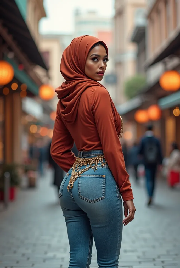 Mother wearing high-heeled hijab,  Waist chain,  skinny jeans, big ass ,  sexy blicke, , looking back, full body picture, shopping 