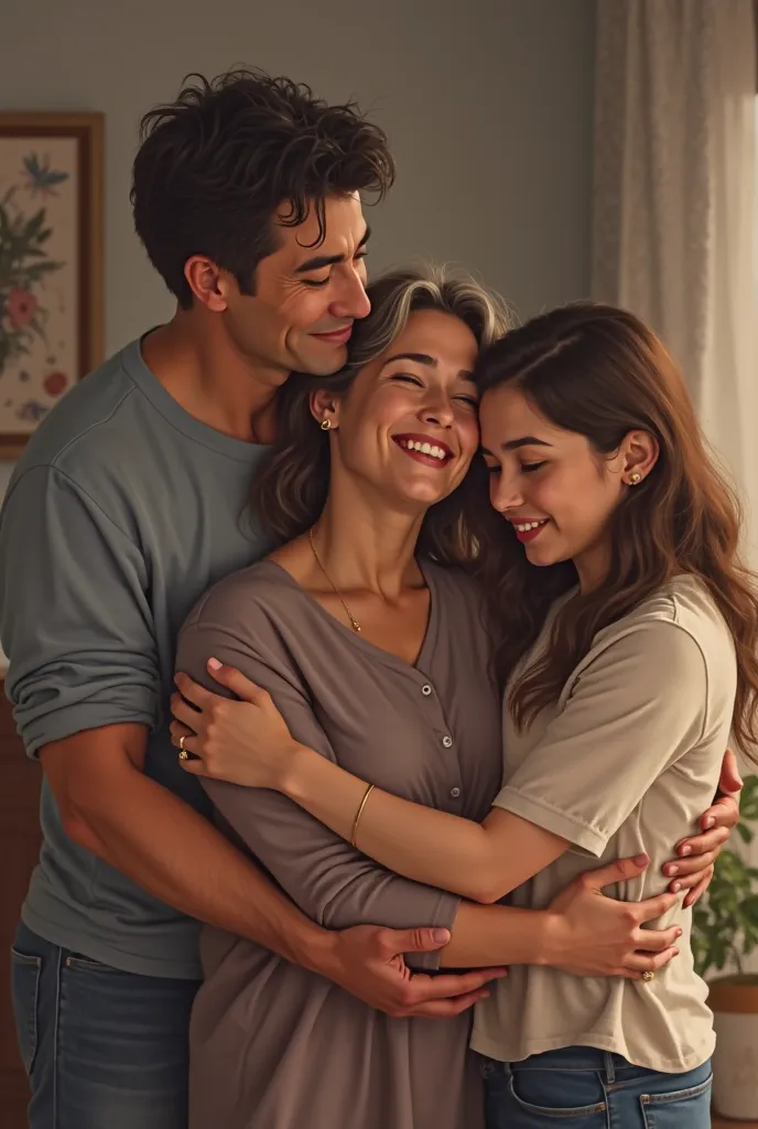 two adult siblings hugging their mother