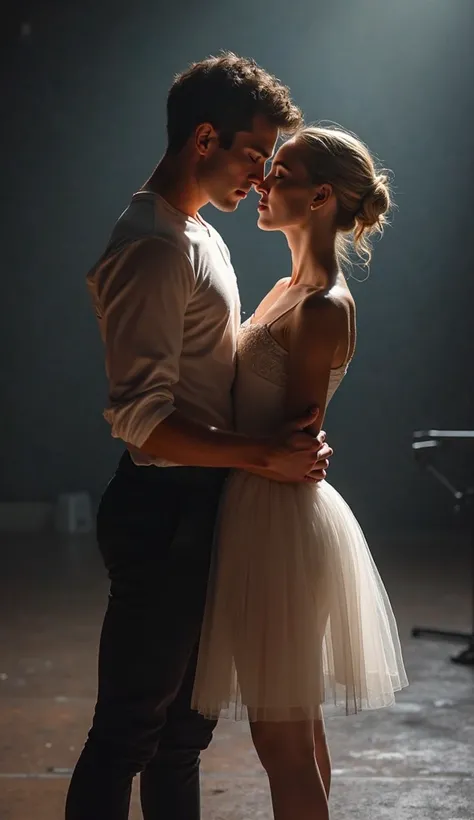 Romantic scene on a stage.  Between an 18-year-old blonde female ballerina, Angelic face and a slightly athletic 18-year-old male dancer,  He tilts her slightly and almost kisses her 

