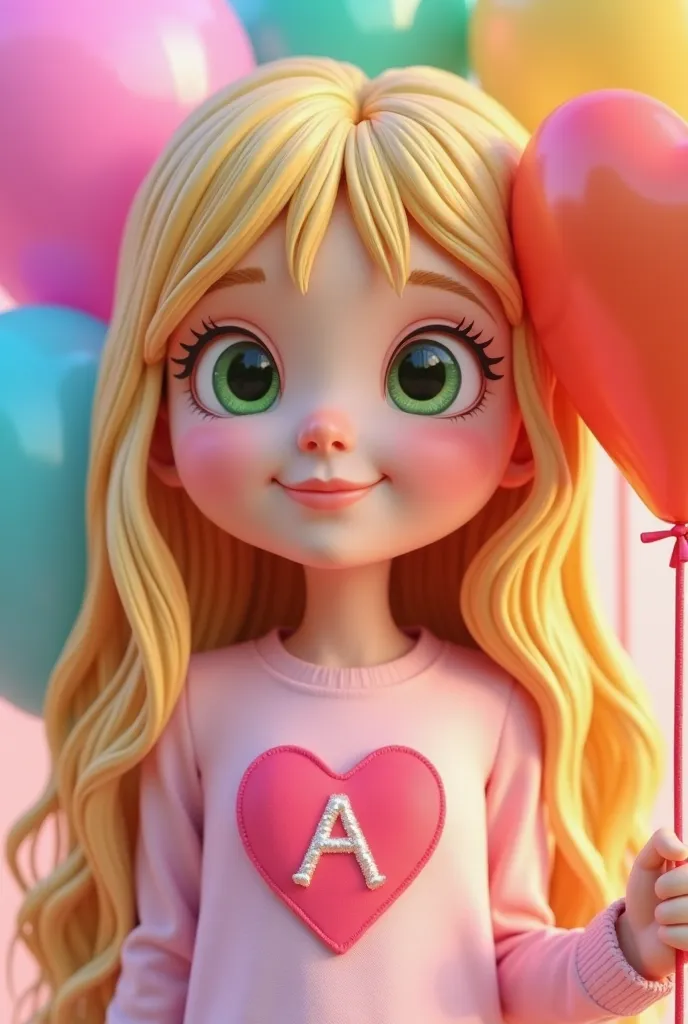 A super cute girl with long, straight blonde hair, bright green eyes, and a sweet, adorable smile. She is wearing a light pink shirt with a cherry-red embroidered heart in the center, featuring a white letter 'A' in bold, simple font. She is holding a hear...