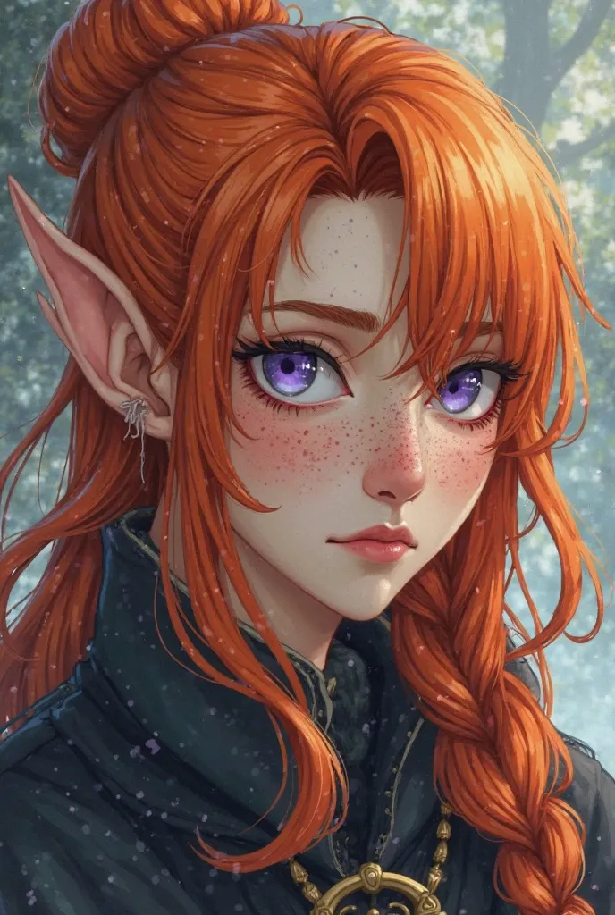 Blue Lock male character.  orange hair, long with a bun and loose bangs, very slanted purple eyes with long eyelashes. She has a prominent left fang and elven ears. Freckles all over her nose and cheeks. It is very handsome